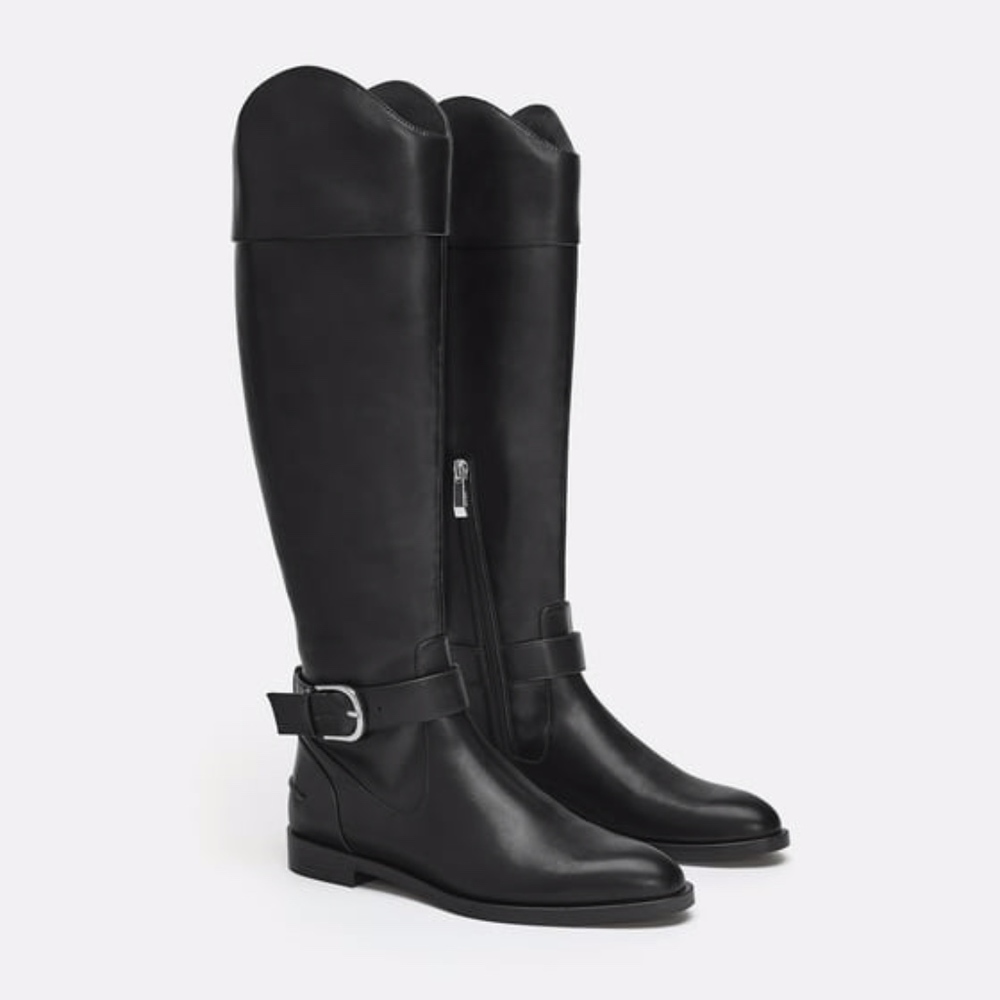 ZARA Black Zip Side Buckle Ridding Knee Boots
